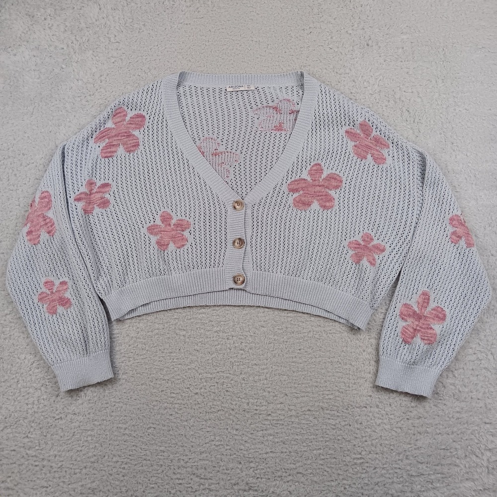 Arizona Cardigan XXL Blue Pink Floral Pointelle Knit Cropped 06258-8